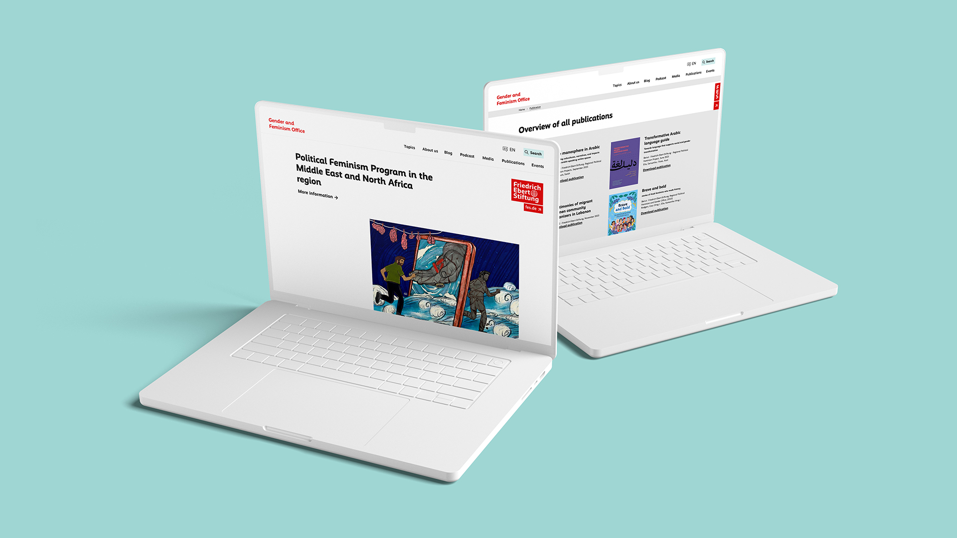Mockup von 2 weissen Laptops, sie zeigen die startseiten einer international Website der Friedrich-Ebert-Stiftung